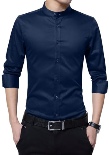 Sliktaa Camicia Uomo con Colletto Alto Slim Fit a Maniche Lunghe Business Formale per Cerimonia Smoking in Cotone, Blu scuro, XS