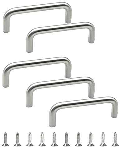 MOROBOR Stainless Steel Solid Round Handle, 100 mm Hole Centers U-Shaped Cabinet Hardware Pull for Bedroom Bathroom Kitchen Cabinets Door- 5 Pack/Brushed Silver