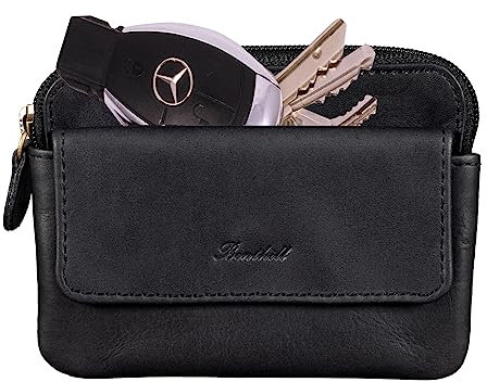 Benthill Schlüsseltasche Leder | Schlüsselbörse mit Münzfach| Kleines Schlüsseletui mit Kartenfach | Echt Leder Schüssel-Etui, Farbe:Schwarz