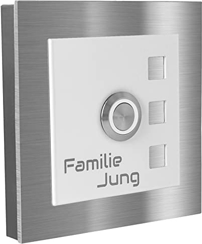 Jung-Edelstahl-Design Aufputz Edelstahl Türklingel Manhattan13AG Klingelschild 10x10 cm. Klingel kabelgebunden mit Gravur. Aufputztürklingel mit LED Klingeltaster aus Edelstahl für Ihre Haustür.