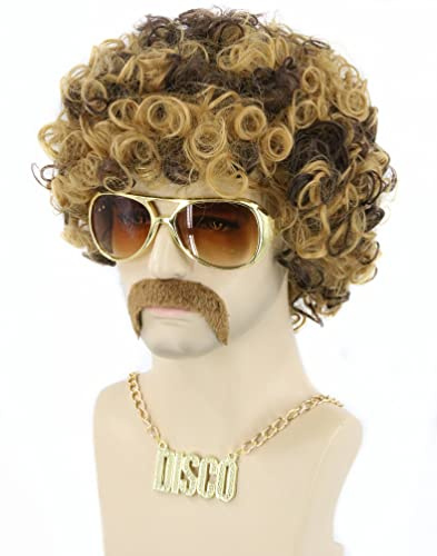 LeMarnia 70er Jahre Disco Dude Dirt Bag Perücke 3er Set Herren Perücke Flauschige Lustige Halloween Party Perücken Das Set beinhaltet Halskette und Bart