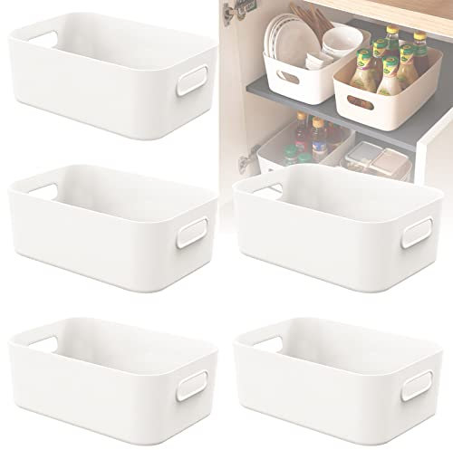 W&H 5 PCS White Plastic Storage Boxes Small with Handle, Storage Baskets for Shelves, Kitchen, Office, Fridge, Bathroom and Home, Mini Organiser Boxes Rectangle - 8.2×5.5×2.7 Inch