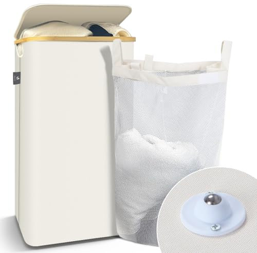 VOUNOT Wäschekorb mit Deckel 100L, Faltbarer Wäschesammler mit Herausnehmbar Wäschesäcke, Laundry Baskets Wäschebox Schmal, Beige