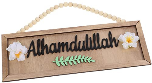 UPKOCH Panneau Suspendu En Bois Rustique Avec Perles Pour Décoration De Porte, Plaque Murale Islamique Alhamdulillah, Arabe Pour Maison Et Cuisine
