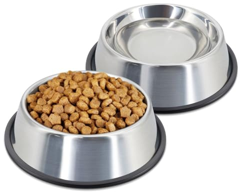 Flexzion Stainless Steel Dog Bowl (2.2 Cup/18oz) - 2 Pack Non Spill Water and Food Stainless Steel Pet Bowls Dish Feeder with Anti-Slip Rubber Base for Medium Sized Dog, Cat, Rabbit, and More