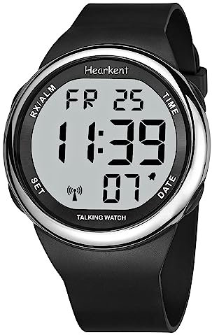 Hearkent Reloj Parlante LCD para Personas con Discapacidad Visual o Mayores - Gran Número Fácil de Leer, Atómico, para Ciegos (Plata)