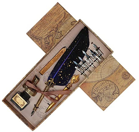 Federkiel-Set, Vintage-Tintenstift, Brieföffner Mit Ersatzfedern, Stiftständer, Basis, Federkiel Und Tintenset Für Freunde, Familie Und Lehrer(Blau)