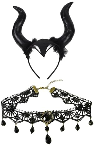Chyuxinda 2er Teufel Kostüm Teufel Hörner Stirnband Gothic Lace Choker Halskette für Königin Cosplay Halloween Partyzubehör Karneval