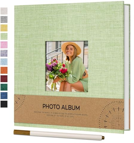 Vienrose Kleines Selbstklebendes Fotoalbum, 40 Seiten, 17x18 cm, Grasgrün | Leinen Photo Album, Fotoalbum Selbstklebend zum Einkleben 10x15, Hochzeit Jahrestag Geburtstag Fotoalben mit Metallstift