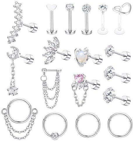 Krfy Tragus Piercing Ohr Set Chirurgenstahl Knorpel Helix Conch Daith Nasen Piercing Hypoallergene Flat Back Ohrringe Zirkonia Piercings Ringe Schmuck 16G
