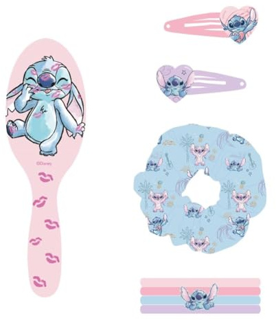 Stitch Schönheitsset für Kinder, mehrfarbig, ideal um Ihre Kleinen zu überraschen, enthält 1 Haargummi aus Stoff, 4 Haargummis, Bürste und 2 Haarspangen – Originalprodukt, entworfen in Spanien