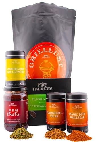 Hallingers Genuss Manufaktur Feinkost Geschenk-Set - XXL-Wundertüte Grilllust großes Grillparty-Mitbringsel Schokolade, Gewürze, Magic Dust & Grillsoße, Geschenkidee für Frauen Männer