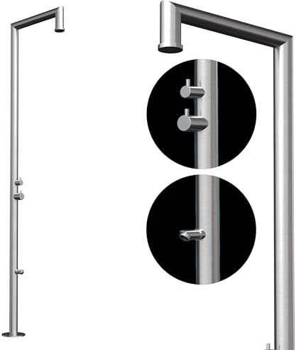 Four & More Designer trädgårdsdusch utomhusdusch pooldusch regndusch duschpelare dusch borstad V4A/316 rostfritt stål modell MAUII med varm- och kallvattenanslutning
