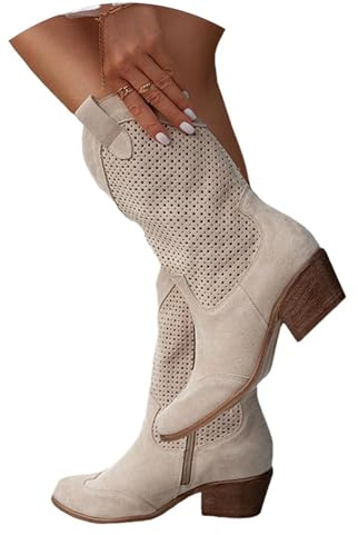 Agiyenna Stivali a Punta da Donna Cowboy Bassi in Pelle Scamosciata - Stivaletti Classici Traforati per il Tempo Libero Autunno Inverno Eleganti