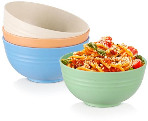 Osrioal Set of 4 Unbreakable Cereal Bowls, Lightweight Plastic Bowls, Reusable Camping Bowl for Breakfast, Rice, Noodle, Salad, Fruit, Soup, Snack, Dishwasher & Microwave Safe