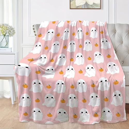 Halloween Kürbis Kuscheldecke Flauschig, Rosa-Orange Geist Boo-Design - Aesthetic Herbst Blanket (70 * 100CM, #01)