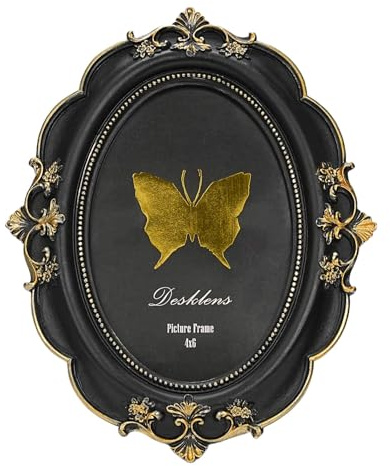 Desklens Vintage Picture Frame, Oval Antique Photo Frame with Real Glass Front, Luxury Table Wall Haning Photo Display Home Decor, Gift Ideas (Black Flower, 4x6)