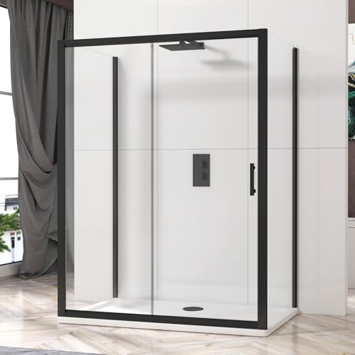 Milan 1400 x 700mm Matt Black Single Sliding 3-Sided Shower Enclosure 6mm Glass Reversible Cubicle Door