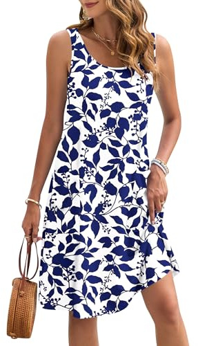 AUSELILY Vestido sin Mangas de Verano para Mujer Ligero Informal de Playa Largo hasta la Rodilla con Bolsillos Hojas Azul Marino L