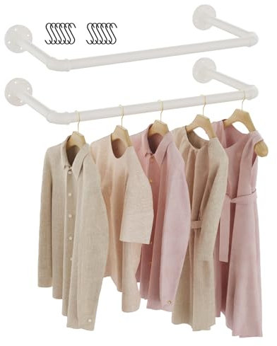 GUOHNHE Industrial Pipe Clothes Bar Rack, 54cm Wall Mounted Storage Rail, Metal Heavy Duty Retro Tidy Rail, Space-Saving Clothing Rack for Bedroom Storage, White, 2 Pack, SG54W-2