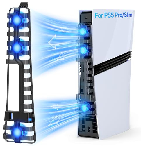 Auto Cooling Fan for PS5 Pro/PS5 Slim, USB 3.0 Port, Adjustable 3 Speed, with LED Light, Memory Function, Quiet and Efficient Cooling System for PS5 Pro/Slim Cooler