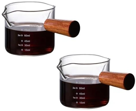 YY Vaso medidor de vidrio de 2 piezas, 3.3 onzas, fácil de leer con escalas de medición, mango aislado y boquilla en forma de V, taza medidora de vidrio de borosilicato alto, ideal para cocina o