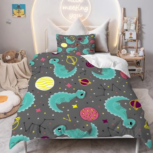 PNHCL Dinosaurier Kinderbettwäsche 100 x 135, Sternenhimmel Bettwäsche-Sets Cartoon-Muster Mikrofaser Bettbezug 100 X 135 mit Reißverschluss + Kissenbezug 40x60 für Kinder Raumdekoration, Grau