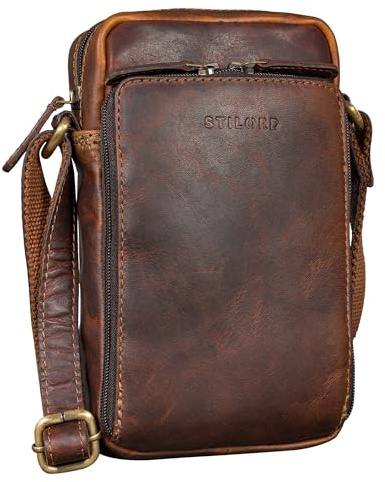 STILORD Luigi'' Umhängetasche Herren Klein Leder Herrentasche zum Umhängen Vintage für Smartphone bis 6,5 Zoll Ledertasche Kleine Männer Schultertasche Echtleder Farbe:cognac - dunkelbraun