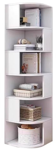 6 Tier Corner Bookcase with Baffles Etagere Shelf Storage Rack for Study Room Living Room Office White