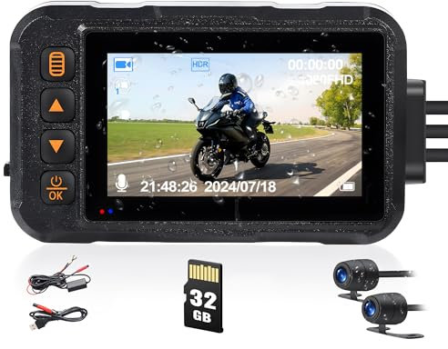 Caméra de tableau de bord étanche pour moto, double caméra HD avant et arrière, caméra embarquée de moto de 3 pouces avec carte TF de 32 Go, caméra grand angle de vision nocturne, accéléromètre