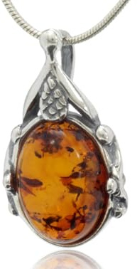 LIGURIUS NATURAL BALTIC AMBER STERLING SILVER 925 NECKLACE Cognac PENDANT Gemstone For Women & Silver Adjustable CHAIN Snake 45cm - 50 cm, Gift set