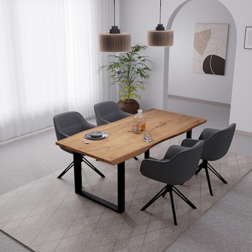 Linele® Essgruppe – Baumkantentisch mit 4 Stühlen – Massivholz Esstisch aus Akazienholz mit U-Gestell – 360° drehbare Stühle mit Samtbezug, PVC-frei & Oeko-TEX® Zertifiziert (Grau, 140 x 80 cm)