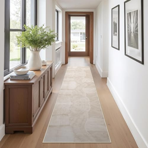 Cycleader 60x300cm Non-Slip Washable Hallway Runner Rug, Geometric Lines Faux Cashmere Carpet Anti-Fatigue Kitchen Rugs Indoor Soft Long Floor Mat Low Pile Runners with Anti-Slip Backing for Bedroom