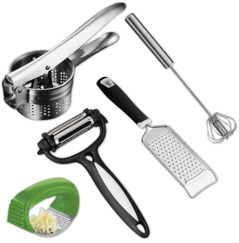 AEX 5-Piece Stainless Steel Kitchen Tool Set – Cheese Grater | Lemon Zester | Garlic Press | Egg Whisk | Potato Ricer & 3-in-1 Peeler | Rust-Proof Cooking Utensils for Home & Professional Kitchens