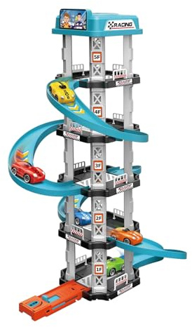 Kids Pretend Play Car Parking Lot Set | Racing Car Ramp Toy Vehicle Ramp Assembly Set Traffic Signs Educational Fine Motor Skill Development Preschool Learning Game Role Play Social Skills Building