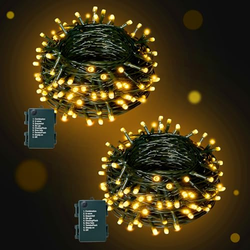 ZCLIKEU Lichterkette Batterie 5m 50LEDs 2 Stück Warmweiß, Weihnachtsbaum Lichterkette Außen Batterie Timer & 8 Modi IP44 Wasserdicht Weihnachtsdeko Für Zimmer, Party, Hochzeit, Baumdeko