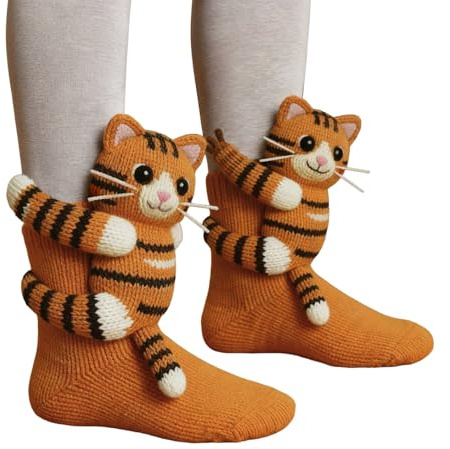 Tiger 3D Knit Animal Socks Women UK Hand Crocheted Sloth Cat Animal Sock Funny Cute Koala Socks Halloween Christmas Novelty Stockings Cotton Winter Warm Fluffy Sock Ladies Anti-Sweat Comfort Stocking