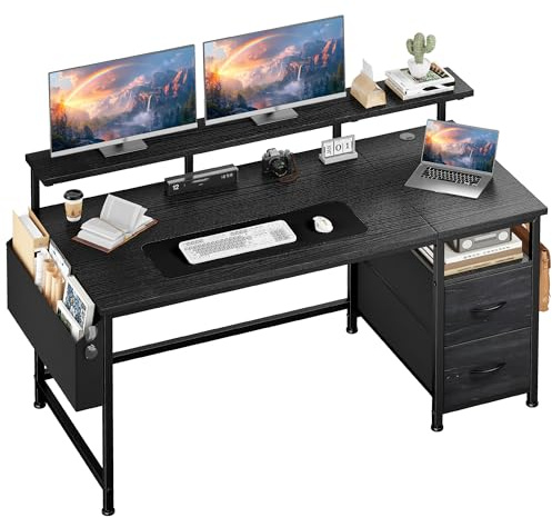 Klyvvo 140x48 cm Rechteckig Schreibtisch für Studieren, Homeoffice, Gaming | Ergonomisch Computertisch mit 2 Schubladen, 1 Hängeorganizer, Monitorständer, Kabeltüllen, 3-Verstellbare Höhe, Schwarz