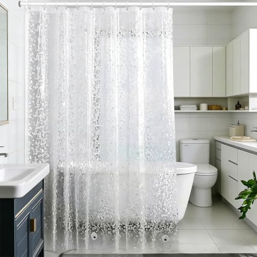 180 x180 cm Duschvorhang Durchsichtig mit 12 Kunststoff Ringe und 3 Magnete | Antischimmel Waschbar Duschvorhänge, Transparente 3D Kieselsteinen Duschvorhang mit Rostfreie Ösen, für Dusche, Badezimmer