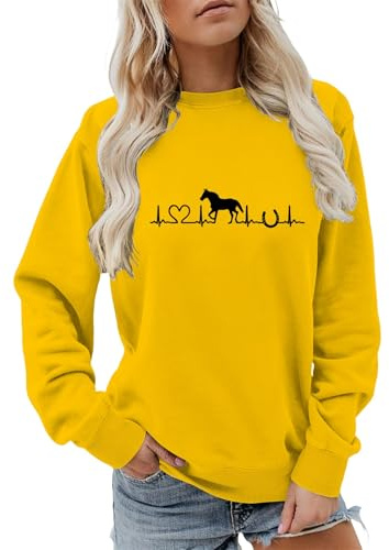 Generisch Damen Pullover mit Heartbeat Pferde-Motiv Winter Sweatshirt Rundhals Langarm Shirt Pferdesport Reiterin Lustig Pferd Reiter Pullover für Frauen Teenager Mädchen (Yellow, S)