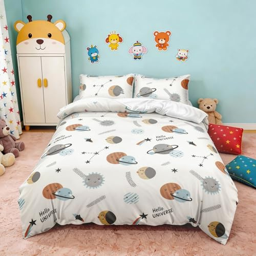 Gezu Kinderbettwäsche 135x200 mit Planet-Kinder Bettwäsche und Baby Bettbezug Weich Junge Kleinkinder，Bettwäsche-Sets Einzelbett Atmungsaktiv mit Reißverschluss und 1 Kissenbezug 80x80，Planetenmuster