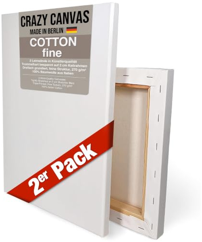CRAZY CANVAS Leinwand zum Bemalen Cotton Fine 50x70 cm, 2er Pack | Dreifach grundierte Leinwand auf Keilrahmen - sehr feine Struktur, 270 g/m² - Premium Kunstbedarf Made in Berlin
