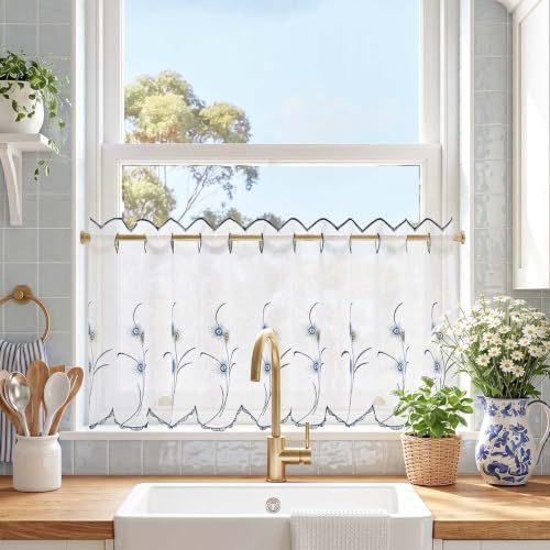 TOPICK Scheibengardinen Stickerei Bistrogardine 1 Stück Blaugrün H45xB145 | Lichtdurchlässig Küchenvorhänge modern Kurzgardine Küchfenster Wohnzimmer landhausstil küchengardinen fenstergardinen Küche