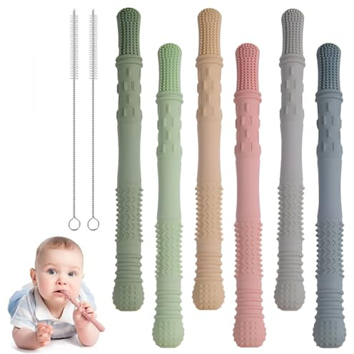 Anneau Dentition Bebe Silicone sans BPA, 6PCS Chewy Tube Anneau de Dentition Refrigerant, Baby Teether Tubes avec 2 Brosses de Nettoyage, Jouet dentition Bébé pour Garçons et Filles 3 mois+