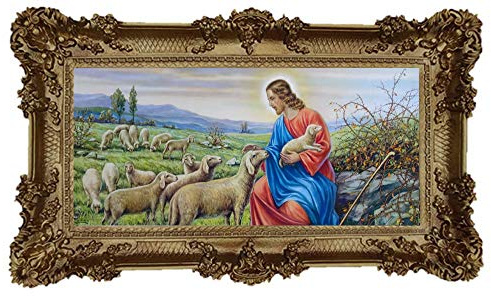 Heiligenbild 96x57cm Hirte Jesus mit Lämmchen und Schafherde Ikonen Bild Wunderschönes Repro Barock Antik Look gerahmtes Gemälde (Gold) 75B