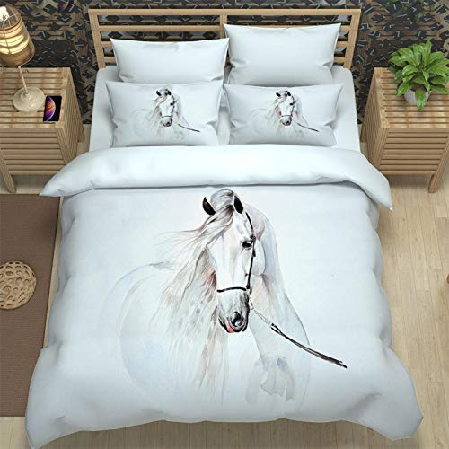 ZPOEQW Funda Nórdica Cama 105 Infantil Niño 3 Piezas Juego De Ropa De Cama De Microfibra 180X220cm 1 Funda De Edredón Y 2 Fundas De Almohada, Impresión Caballo Animal Blanco 3D, Antialérgico