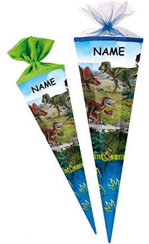 Schultüte - Dinosaurier - Dinosaurs/Dino - 85 cm - eckig - incl. Name - Tüllabschluß - Zuckertüte - mit/ohne Kunststoff Spitze - Nestler - Jungen - Ty..