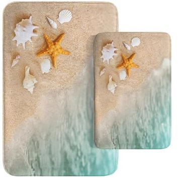 Britimes Badteppich-Set mit Strandseestern und Muscheln, waschbar, 40,6 x 61 cm und 50,8 x 81,3 cm, Türkis Marmor Textur 2