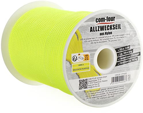 COM-FOUR® Paracord Schnur Ø 3mm, 100m - Seil mit 3 Kern Strängen für Boot, Camping, Outdoor - Nylonseil mit 192kg Tragkraft - Zeltseil, Abspannseil, Allzweckseil