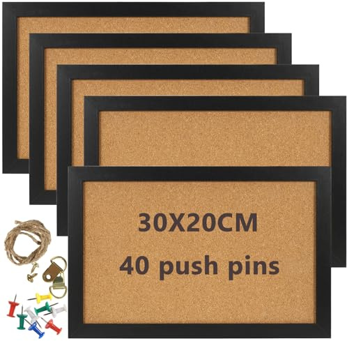 HAKZEON 5 Pack 20 x 30 cm Korktafel, schwarz gerahmte Pinnwand, dicke moderne dekorative Korktafel mit 40 Pinnnadeln für Zuhause, Büro, Schule